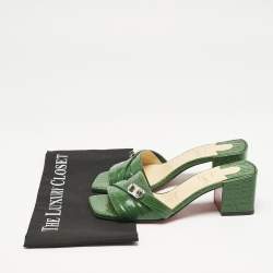 Christian Louboutin Green Croc Embossed Leather Lock Art Slide Sandals Size 37