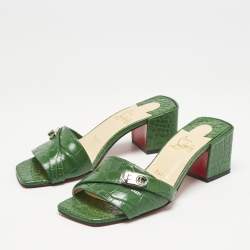 Christian Louboutin Green Croc Embossed Leather Lock Art Slide Sandals Size 37