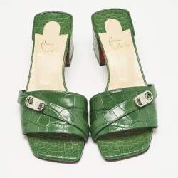 Christian Louboutin Green Croc Embossed Leather Lock Art Slide Sandals Size 37