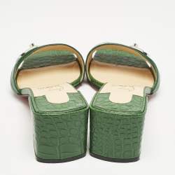 Christian Louboutin Green Croc Embossed Leather Lock Art Slide Sandals Size 37