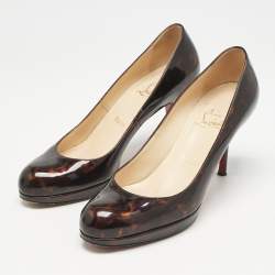 Christian Louboutin Brown Tortoise Shell Patent Leather Simple Round Toe Pumps Size 36.5