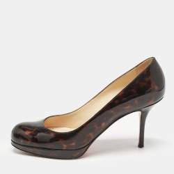 Christian Louboutin Brown Tortoise Shell Patent Leather Simple Round Toe Pumps Size 36.5