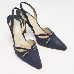 Christian Louboutin Navy Blue Fabric Pointed Toe Slingback Sandals Size 38