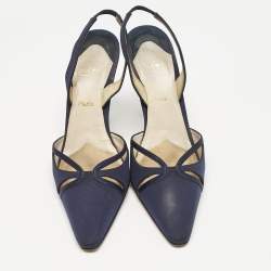 Christian Louboutin Navy Blue Fabric Pointed Toe Slingback Sandals Size 38