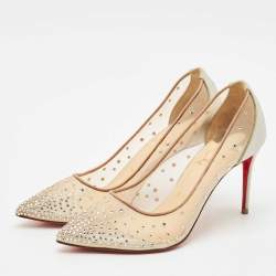 Pre Owned Christian Louboutin Beige Mesh Follies Strass Pumps Size 37.5