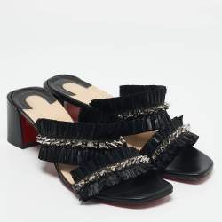 Christian Louboutin Black Raffia and Leather Marivodu Slide Sandals Size 37.5