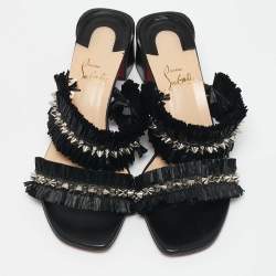 Christian Louboutin Black Raffia and Leather Marivodu Slide Sandals Size 37.5