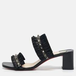 Christian Louboutin Black Raffia and Leather Marivodu Slide Sandals Size 37.5