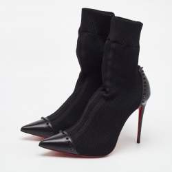 Christian Louboutin Black Knit Fabric and Leather Spikes Dovi Dova Socks Ankle Boots Size 40.5