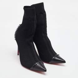 Christian Louboutin Black Knit Fabric and Leather Spikes Dovi Dova Socks Ankle Boots Size 40.5
