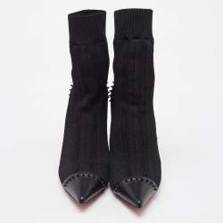 Christian Louboutin Black Knit Fabric and Leather Spikes Dovi Dova Socks Ankle Boots Size 40.5