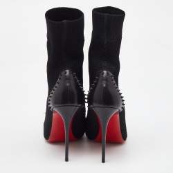 Christian Louboutin Black Knit Fabric and Leather Spikes Dovi Dova Socks Ankle Boots Size 40.5