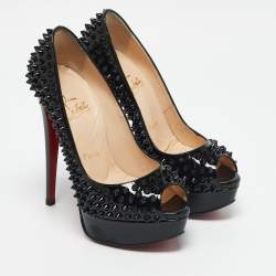 مملوكة مسبقًا حذاء كعب عالي كريستيان لوبوتان جلد أسود لامع سبيك ليدي بيب مقاس 35