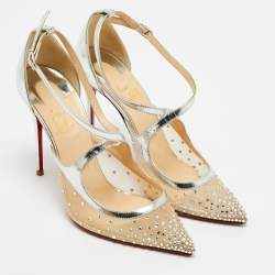 Christian Louboutin Silver/Beige Leather and Mesh Twistissima Pumps Size 38