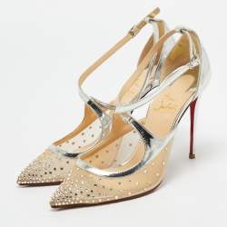 Christian Louboutin Silver/Beige Leather and Mesh Twistissima Pumps Size 38