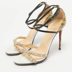 Christian Louboutin Multicolor Printed Patent Leather and Suede Monocronana Spike Ankle Strap Sandals Size 39