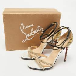 Christian Louboutin Multicolor Printed Patent Leather and Suede Monocronana Spike Ankle Strap Sandals Size 39