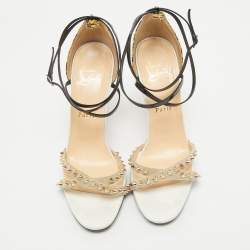 Christian Louboutin Multicolor Printed Patent Leather and Suede Monocronana Spike Ankle Strap Sandals Size 39