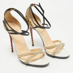 Christian Louboutin Multicolor Printed Patent Leather and Suede Monocronana Spike Ankle Strap Sandals Size 39