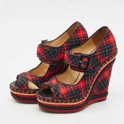 Christian Louboutin Multicolor Tartan Print Wool Blend Lady Daf Wedge Pumps Size 38.5