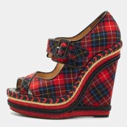Christian Louboutin Multicolor Tartan Print Wool Blend Lady Daf Wedge Pumps Size 38.5