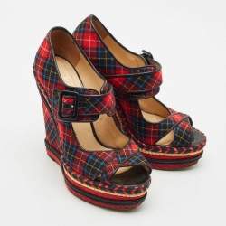 Christian Louboutin Multicolor Tartan Print Wool Blend Lady Daf Wedge Pumps Size 38.5
