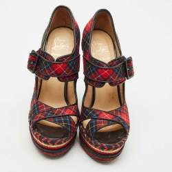 Christian Louboutin Multicolor Tartan Print Wool Blend Lady Daf Wedge Pumps Size 38.5