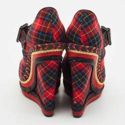 Christian Louboutin Multicolor Tartan Print Wool Blend Lady Daf Wedge Pumps Size 38.5