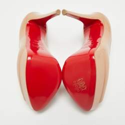 Pre Owned Christian Louboutin Beige Patent Leather Lady Peep Toe Platform Pumps Size 38.5