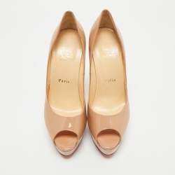 Pre Owned Christian Louboutin Beige Patent Leather Lady Peep Toe Platform Pumps Size 38.5