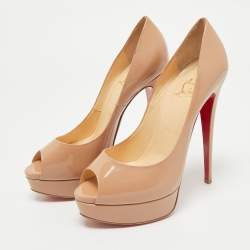 Pre Owned Christian Louboutin Beige Patent Leather Lady Peep Toe Platform Pumps Size 38.5