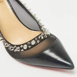 Pre Owned Christian Louboutin Black Leather and Mesh Galativi Spike Pointed Toe Pumps Size 38.5