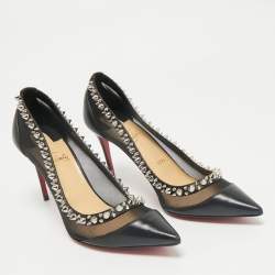 Pre Owned Christian Louboutin Black Leather and Mesh Galativi Spike Pointed Toe Pumps Size 38.5