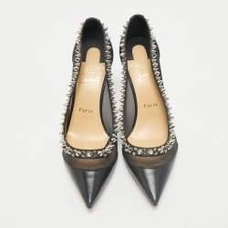 Pre Owned Christian Louboutin Black Leather and Mesh Galativi Spike Pointed Toe Pumps Size 38.5