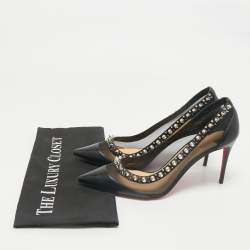Pre Owned Christian Louboutin Black Leather and Mesh Galativi Spike Pointed Toe Pumps Size 38.5