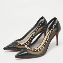 Pre Owned Christian Louboutin Black Leather and Mesh Galativi Spike Pointed Toe Pumps Size 38.5