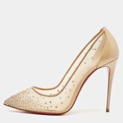 Christian Louboutin Beige Mesh and Patent Leather Follies Strass Pumps Size 39.5