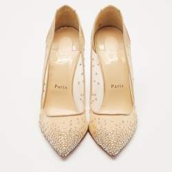 Christian Louboutin Beige Mesh and Patent Leather Follies Strass Pumps Size 39.5