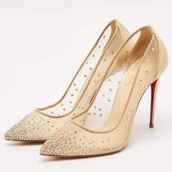 Christian Louboutin Beige Mesh and Patent Leather Follies Strass Pumps Size 39.5