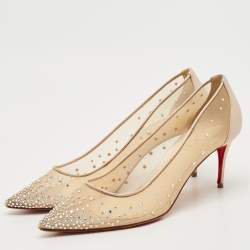 Christian Louboutin Beige Mesh and Leather Follies Strass Pointed Toe Pumps Size 39