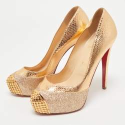 Christian Louboutin Maggie Glitter & Snakeskin Embossed Leather Platform Pumps Size 38