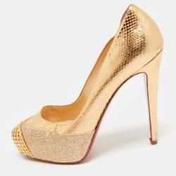 Christian Louboutin Maggie Glitter & Snakeskin Embossed Leather Platform Pumps Size 38