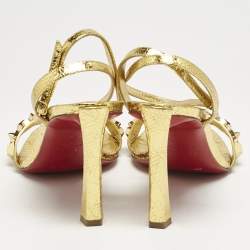 Christian Louboutin Gold Foil Crackled Leather Asteroispikes Ankle Strap Sandals Size 41