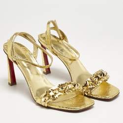 Christian Louboutin Gold Foil Crackled Leather Asteroispikes Ankle Strap Sandals Size 41