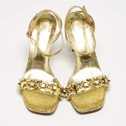 Christian Louboutin Gold Foil Crackled Leather Asteroispikes Ankle Strap Sandals Size 41