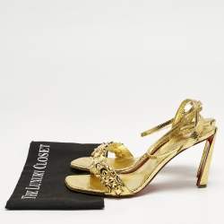 Christian Louboutin Gold Foil Crackled Leather Asteroispikes Ankle Strap Sandals Size 41