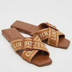 Christian Louboutin Brown Logo Canvas and Leather Crossimule Flat Slides Size 38.5