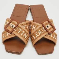 Christian Louboutin Brown Logo Canvas and Leather Crossimule Flat Slides Size 38.5
