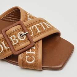 Christian Louboutin Brown Logo Canvas and Leather Crossimule Flat Slides Size 38.5