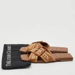 Christian Louboutin Brown Logo Canvas and Leather Crossimule Flat Slides Size 38.5